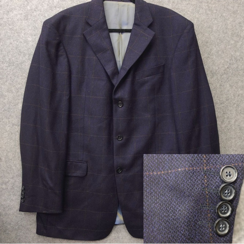 Barleycorn Tweed Sport Coat Mens 42L Navy Blue Windowpane Wool Custom Jacket M‎